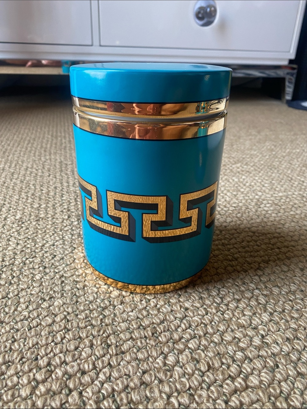 Jonathan Adler Turquoise Porcelain Canister with Gold Accents - Picture 5 of 7